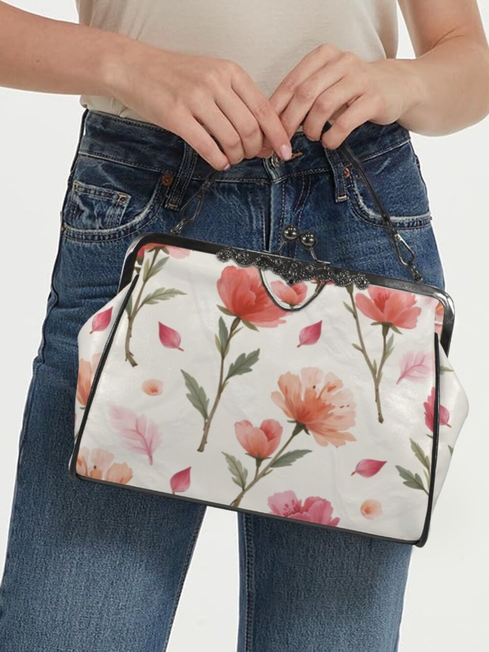 🌹Rose Floral Kisslock Crossbody Bag Vintage Clasp Waxed PU Shoulder Purse👜 - Picture 4 of 11